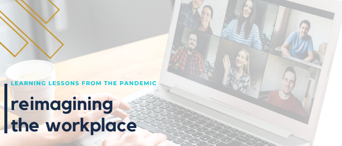 Zoom meetin gon laptop.  Reimagining the workplace survey. Lessons learned from the pandemic
